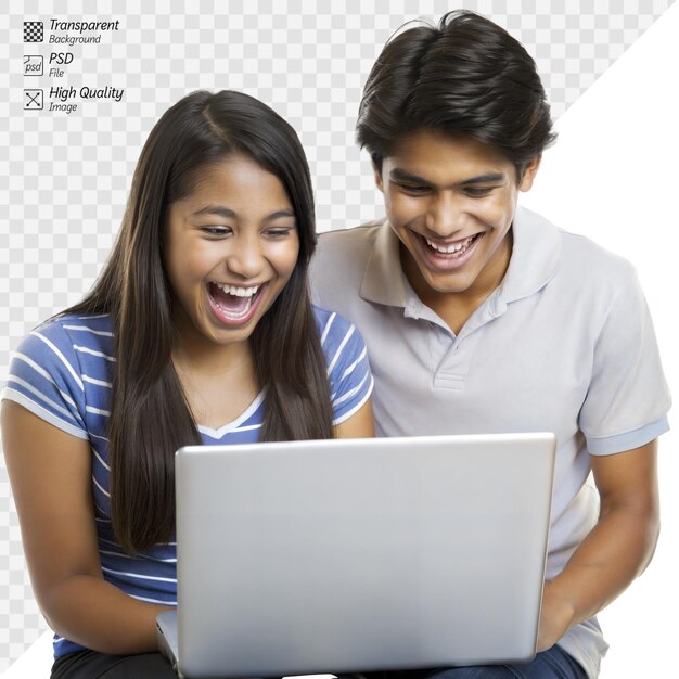 PSD teenage friends laughing while using a laptop together