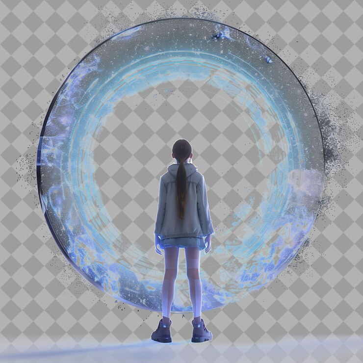 PSD 十幾歲的女孩 跨維度旅行者與跨維度形式孤立的3d角色插圖