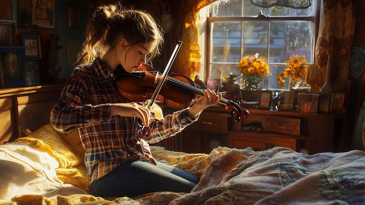 PSD teenage girl playing violin on bed in sunlit room