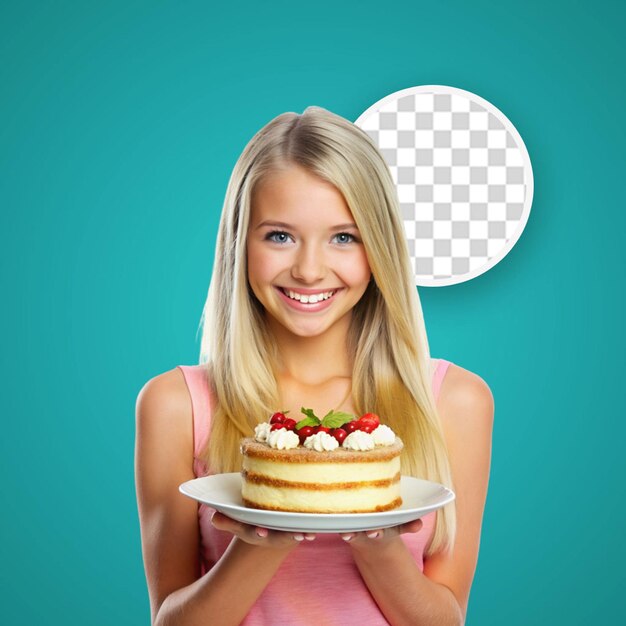 PSD teenager caucasian girl holding birthday cake over isolated background surprised and pointing finger to the side