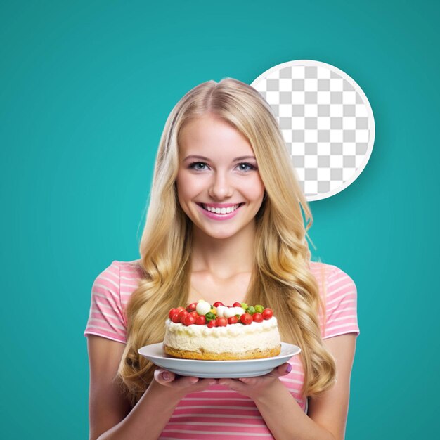 PSD teenager caucasian girl holding birthday cake over isolated background surprised and pointing finger to the side