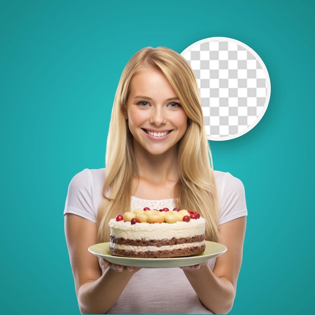 PSD teenager caucasian girl holding birthday cake over isolated background with shocked facial expression