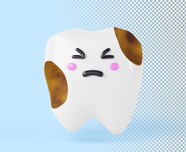 Teeth cartoon kawaii character with dental plaque tartar or enamel caries 3d render icon dirty sad baby tooth with toothache on blue background treatment and clearing oral cavity 3d illustration