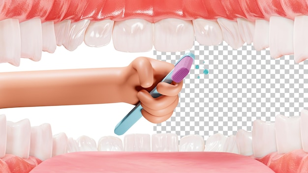 PSD pulizia dei denti igiene orale 3d odontoiatria pediatrica denti umani e una mano di cartone animato con uno spazzolino da denti