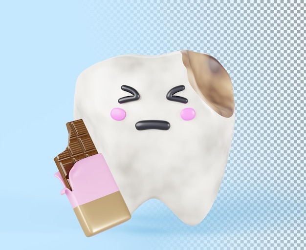 PSD 치아 붕괴: 초콜릿 바와 에나멜 붕괴 3d 렌더링 아이콘이있는 슬픈 아기 치아: 달한 음식과 치아 통증이있는 어린이 치과 클리닉 배너 3d 일러스트레이션