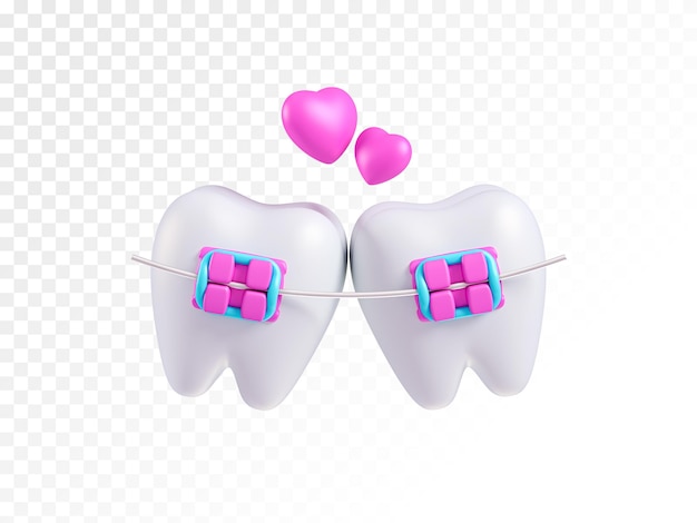 Denti con bretelle rosa e cuori su sfondo isolato.