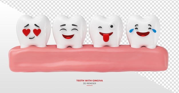 Denti con faccia sorridente in rendering 3d con sfondo trasparente