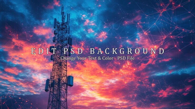 PSD telecommunication tower against dramatic sunset sky
