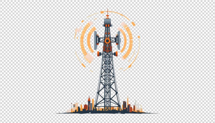 PSD telecommunication tower transmitting signals over a city