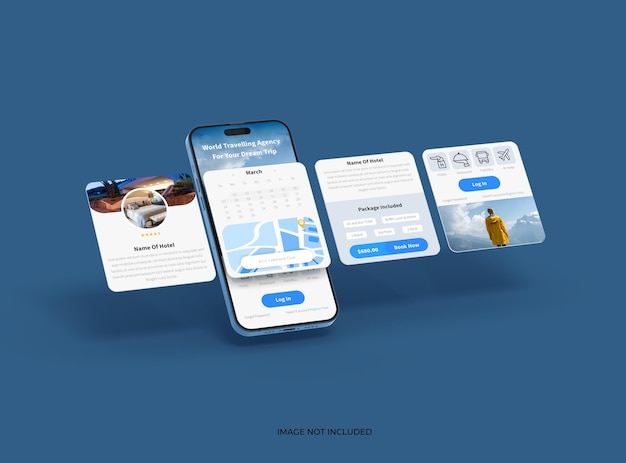 Telefoon 14 pro isometrisch mockupontwerp van mobiele app-schermen met gescheiden pop-ups ui ux app concept 3d render