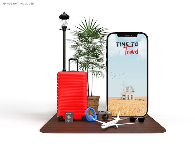 Telefoon en koffer met mockup voor reizigers en vliegtuigaccessoires