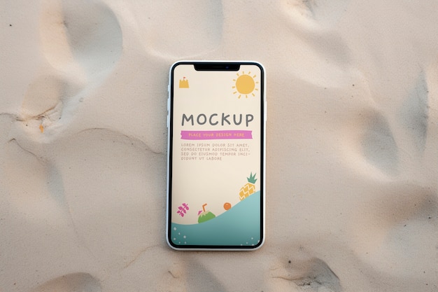 PSD telefoon scherm mockup op het strand