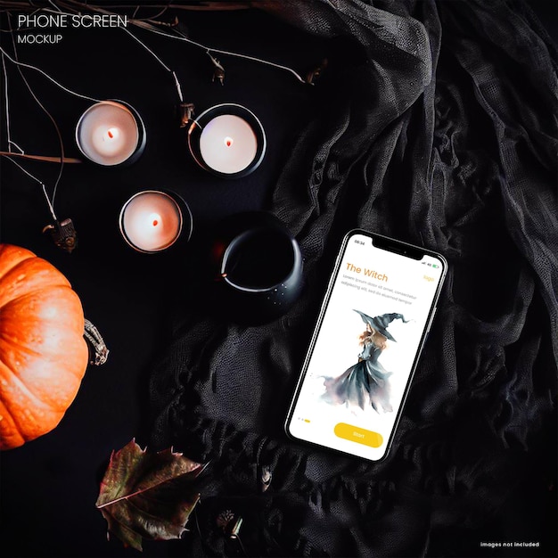 PSD telefoonschermmodel van een iphone 15 op een halloween-achtergrond met pompoenen en kaarsen