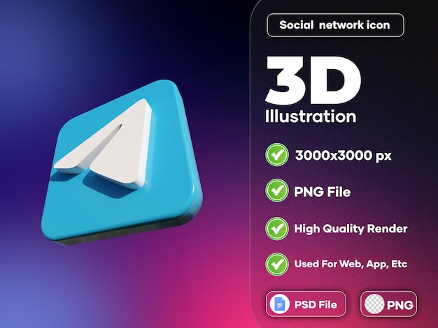 PSD il design moderno del logo 3d di telegram rende realistico l'alta qualità
