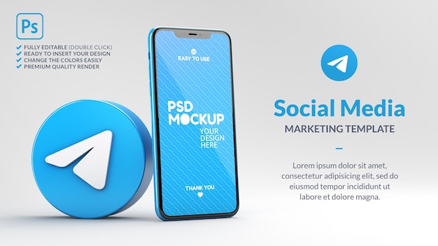 Icona di telegram con un rendering 3d mockup telefono