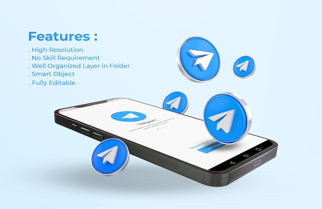 Telegram on mobile phone mockup with 3d logo