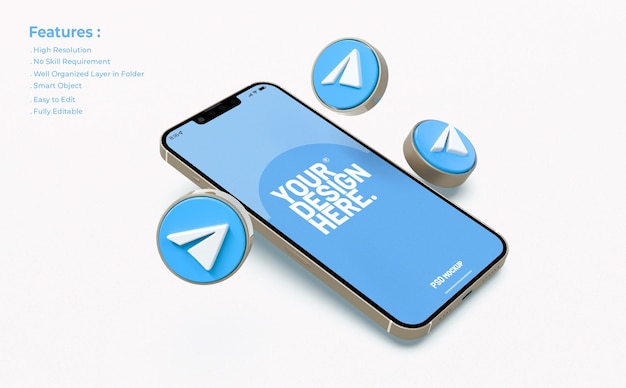 Telegram Mockup on mobile phone with 3d icon