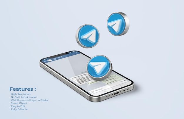 Telegram на серебряном макете мобильного телефона