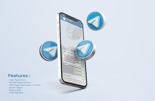 PSD telegram on silver mobile phone mockup