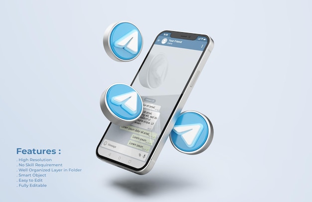 PSD telegram on silver mobile phone mockup