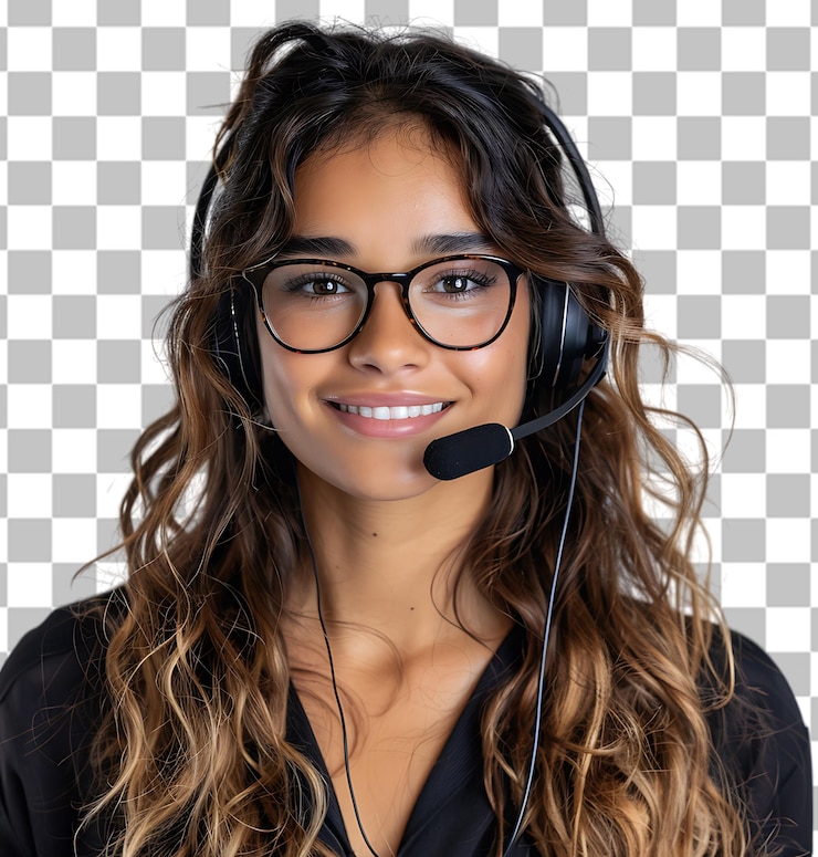 PSD telemarketer pretty uruguayan woman working with a headset on a transparent background