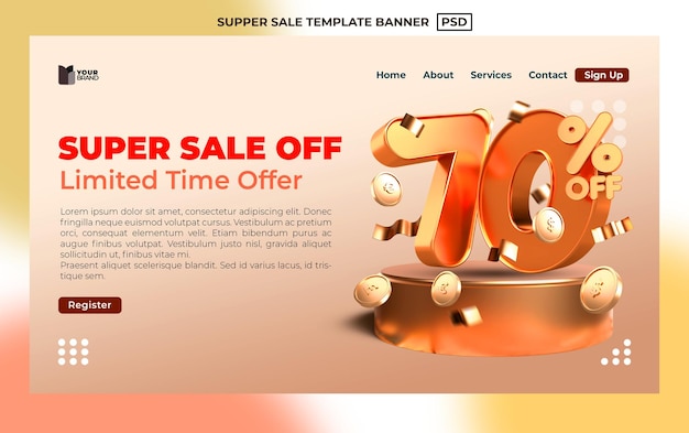 Modello banner sconto super vendita 70% con valuta moneta elemento sconto, stile oro