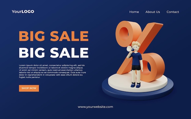 Template for big sale with character and illustration percentagediscount 3d premium psd