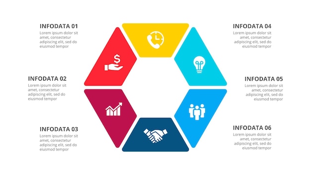 Modello per la presentazione dell'attività del ciclo illustrazione del design infografico esagonale con 6 opzioni