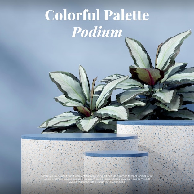 PSD template mockup blue granite and terrazzo podium in square calathea plant backdrop 3d render