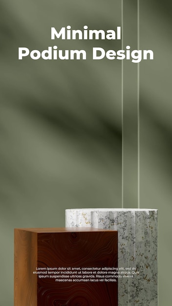 template mockup marble and wood block podium in portrait green shadow wall 3d image render