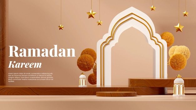 PSD template mockup wood grain podium in landscape mimosa flower, stars, and lamp ramadan, rendering 3d