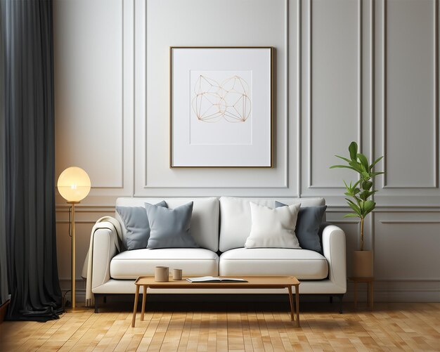 Template photoshop mockup painting on the wall in the living room by the window with a sofa and pillows ai generated