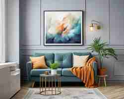 PSD template photoshop mockup painting on the wall above the sofa with pillows in the living room by the window illustration ai generated