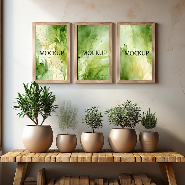 PSD テンプレート photoshop モックアップ ai が生成した鉢植えの観葉植物が描かれたリビング ルームの壁にある 3 つの絵