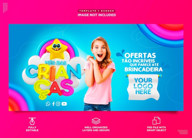 PSD template in portuguese social media instagram childrens day sales product promotions and offers