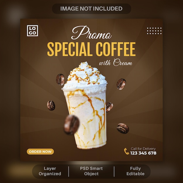 Template promo caramel coffee with cream on top for social media post and feed