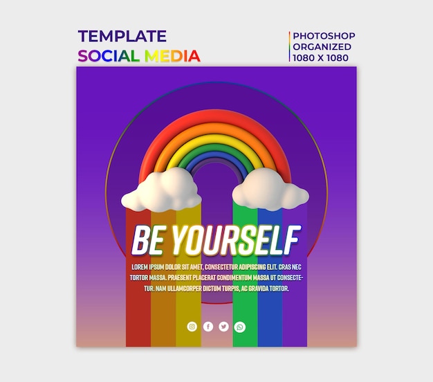 Template for social media for gay pride day with 3D rendered clouds and rainbow