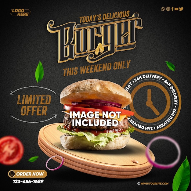 PSD template social medias delicious hamburger today only this weekend with 24h delivery