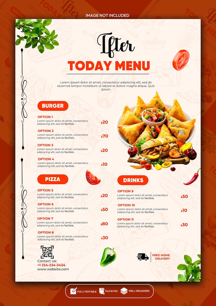 PSD template voor het ontwerpen van een poster met een menu voor speciale gerechten in een restaurant