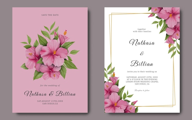 Template wedding card with a pink hibiscus flower watercolor