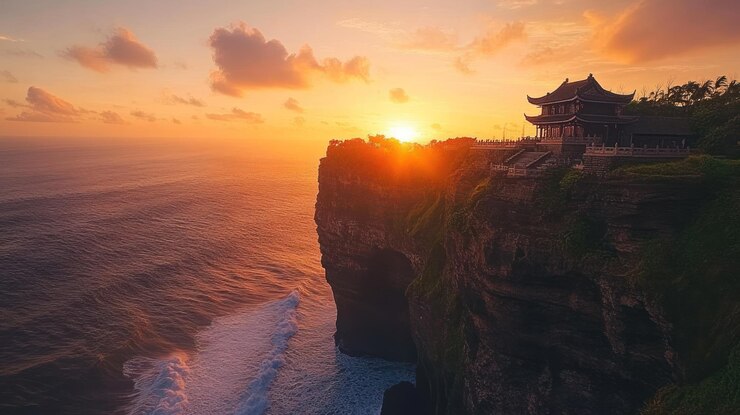 PSD 一座寺坐落在悬崖上,俯着海的日落. 太阳正在殿后面落下, 在天空和水中发出温暖的光.