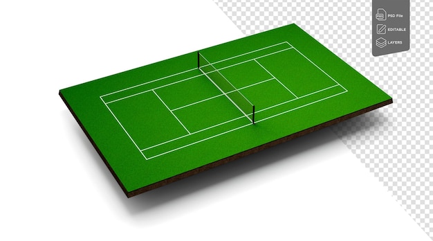 PSD tennis court grass cover field top view with grid and shadow on white background 3d illustration