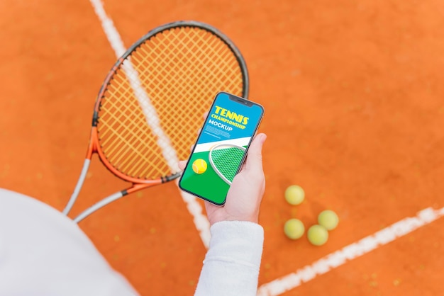 PSD giocatore di tennis che mostra il suo schermo del telefono