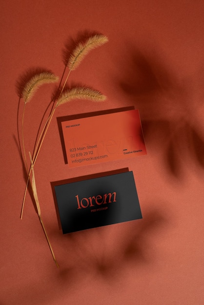 PSD terracotta color business card mock-up with shadows