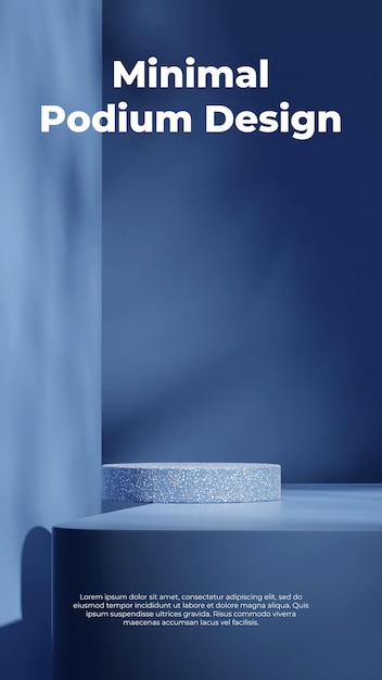 terrazzo cylinder podium in portrait blue color wall 3d rendering blank space