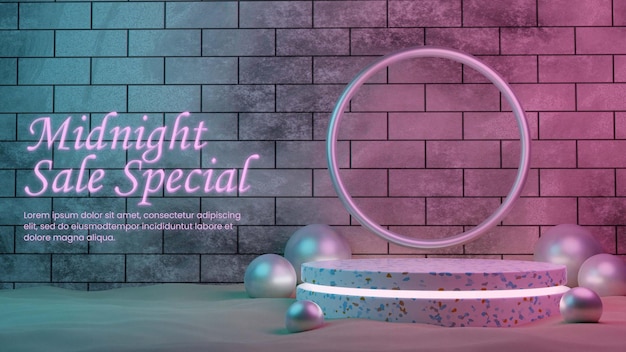Terrazzo podium with brick wall and neon effect in midnight scene for product display