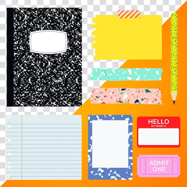 Terrazzo schrijfgereedschap png set met sticker notities en potlood