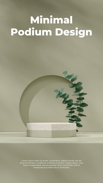 Terrazzo texture podium in portrait sage wall and eucalyptus leaf 3d render mockup space