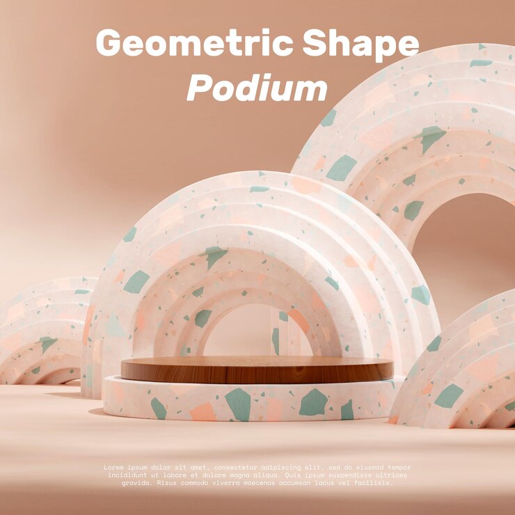 terrazzo textured pink arch 3d render blank mockup wood cylinder podium in square