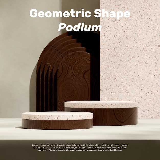terrazzo and wood cylinder podium in square arch and beige wall 3d render scene mockup